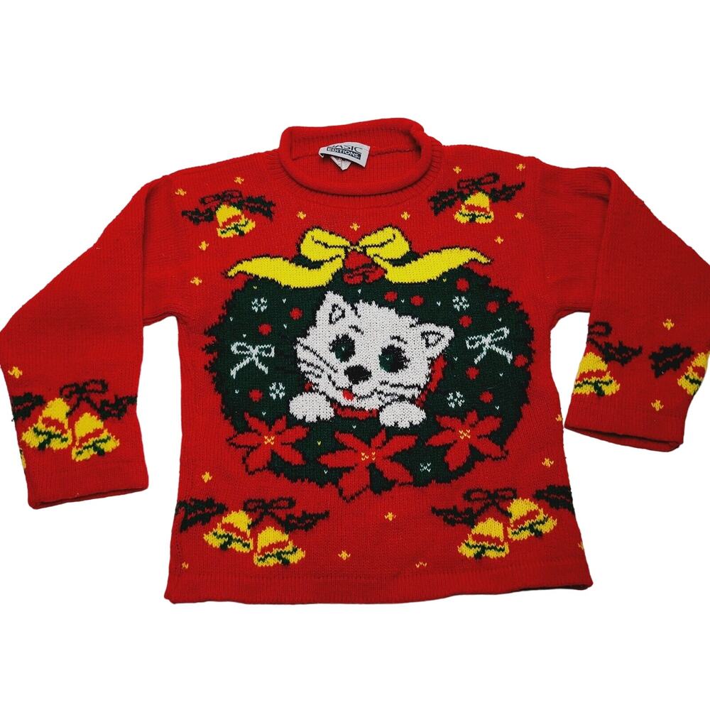 Vintage Christmas Kitten Basic Edition Red Knit Acrylic Sweater Toddler Size 4/5